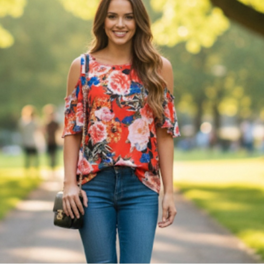 ❤️EUC Rose & Olive Cold Shoulder Top Size Medium❤️